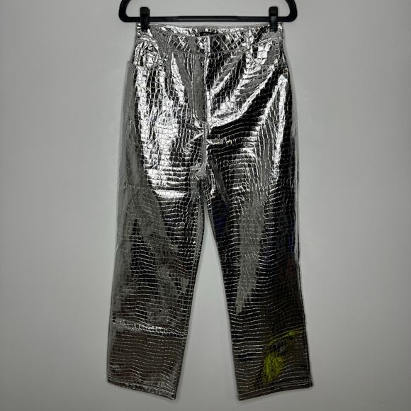 NWT NASTY GAL Premium Metallic Silver Croc Straight Leg Trousers 10 - Picture 2 of 5